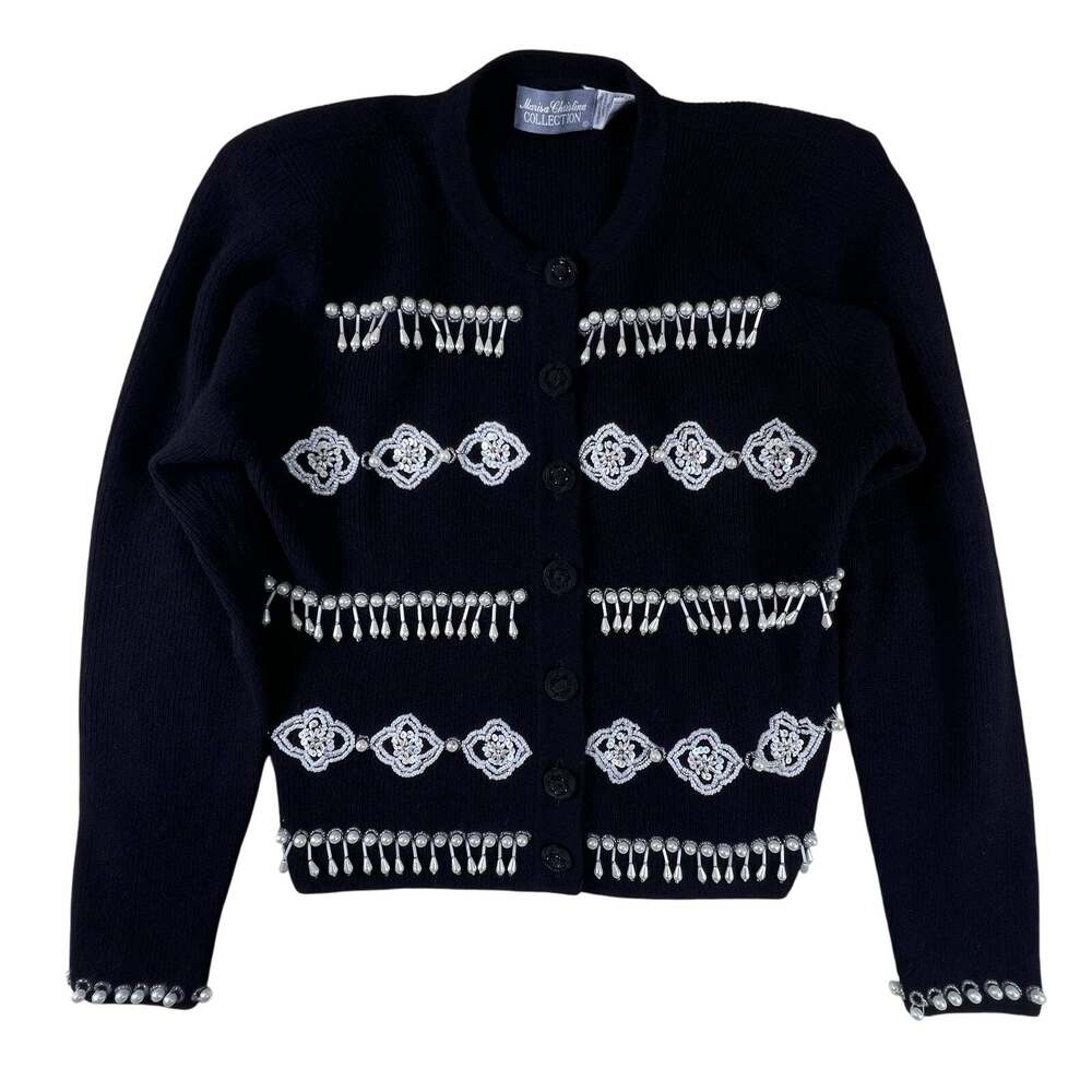 Vintage 80s Marisa Christina Beaded Lambswool Angora Cardigan S Black Hong Kong